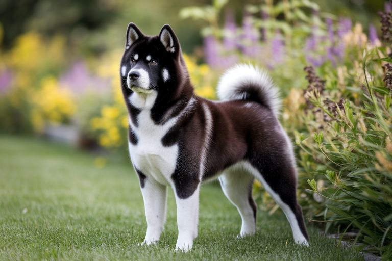 akita-inu-poil-long-jardin-fleuri