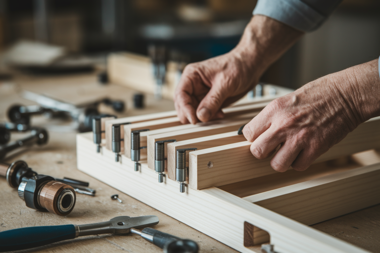 mains-assemblage-lames-reglables-cadre-bois