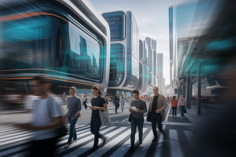 ville-futuriste-batiments-ecrans-pietons