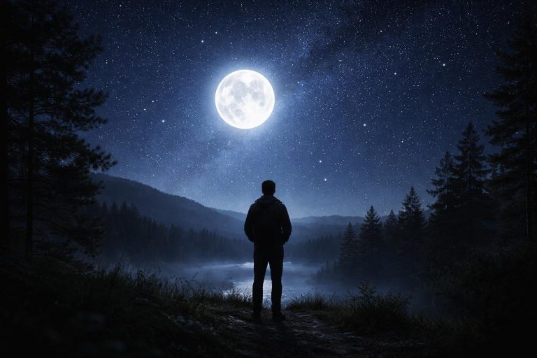 lune-brillante-ciel-etoile-observateur-silhouette