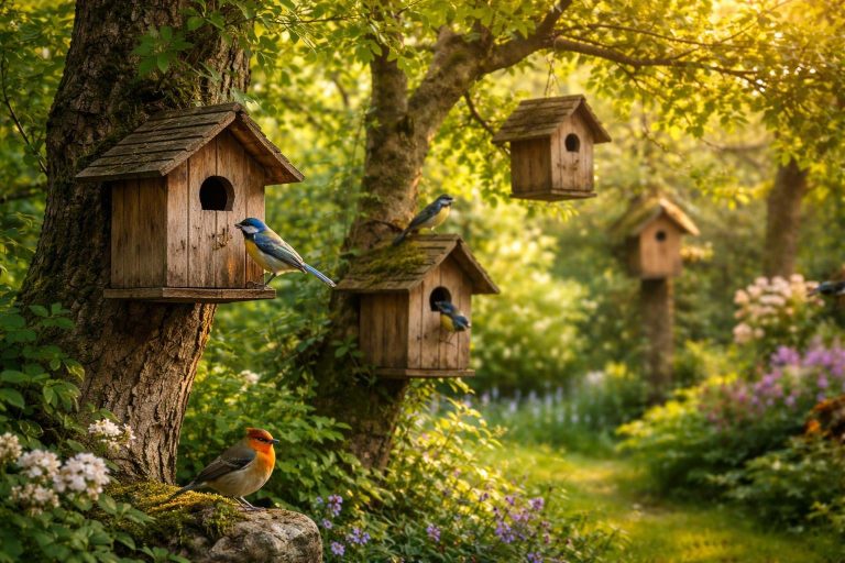 jardin-verdoyant-oiseaux-nichoirs-arbres