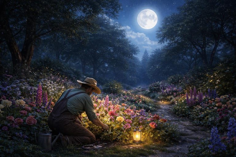 jardin-luxuriant-jardinier-fleurs-nuit