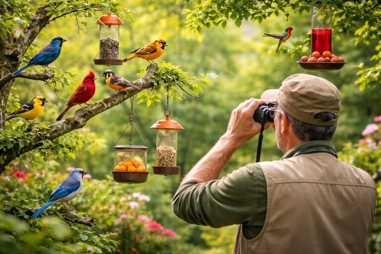 jardin-oiseaux-colorés-naturaliste-jumelles