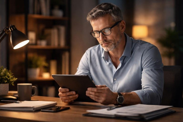 homme-tablette-bureau-moderne-lumiere-douce