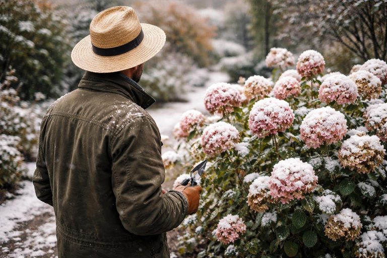 jardinier-chapeau-hortensias-neige-secsateur