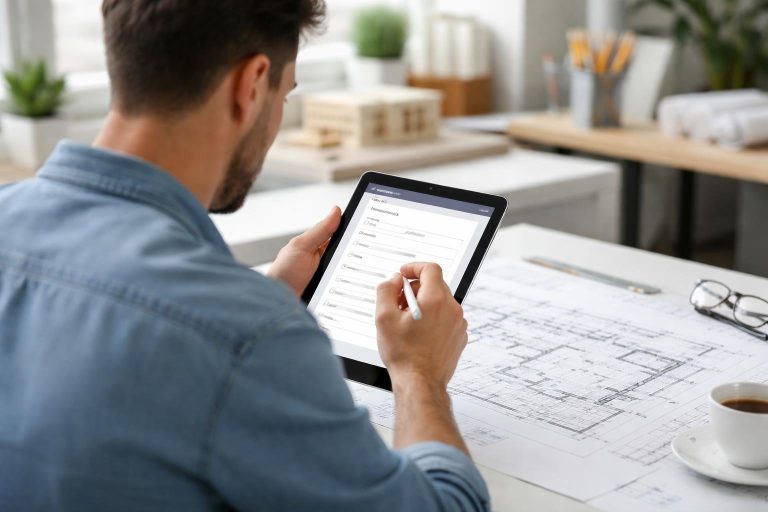 personne-tablette-plan-architectural-piece-lumineuse